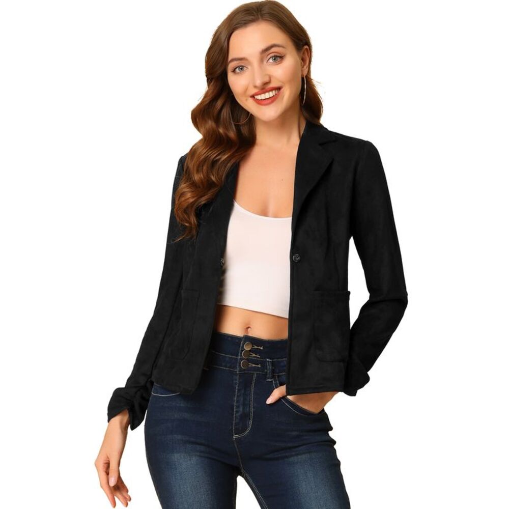 Long Sleeve Open Front Drawstring Faux Suede Blazer Black
